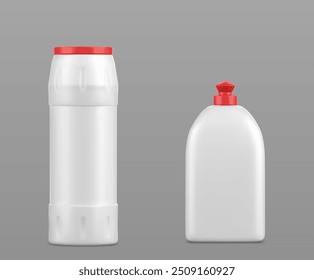 Set of cleaning detergent bottle mockups isolated on background. Vector realistic illustration of 3D plastic containers with blank space for branding, cleansing powder and liquid household chemical