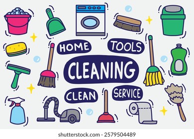 set of cleaning doodle with color good for background, wallpaper, element design, icon, sticker, etc
