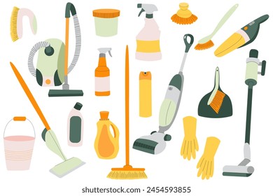 Set of cleaning elements. Household cleaning products. Housework concept.