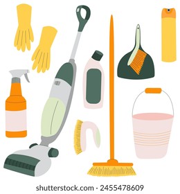 Set of cleaning elements. Household cleaning products. Housework concept.