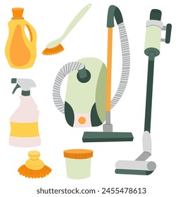 Set of cleaning elements. Household cleaning products. Housework concept.