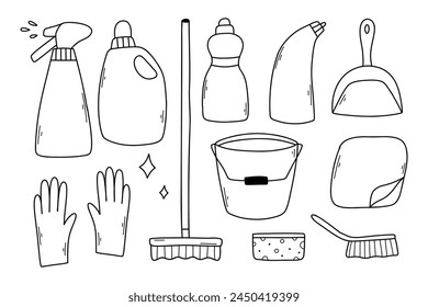 Set of cleaning elements. Vector collection of clip art cleaning in doodle style.