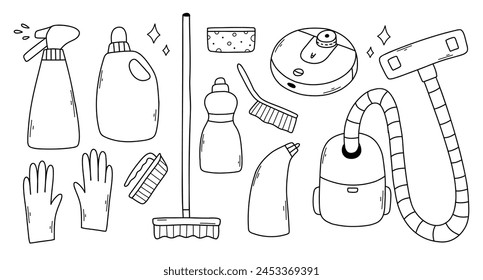 Set of cleaning elements. Vector collection of clip art cleaning in doodle style.