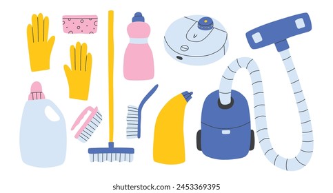 Set of cleaning elements. Vector collection of clip art cleaning in hand drawn style.