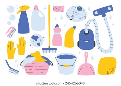 Set of cleaning elements. Vector collection of clip art cleaning in hand drawn style.