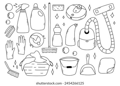 Set of cleaning elements. Vector collection of clip art cleaning in doodle style.