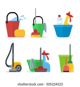 Set of Cleaning Equipment: bucket, mop, sponge, rag, detergent, vacuum cleaner, shovel. House cleaning service, professional office cleaning, domestic cleaning service illustration. Icon set in flat