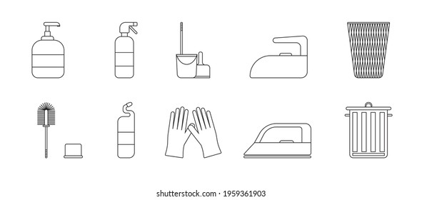 A set of cleaning equipment - buckets, brushes, gels, gloves. Black and white icon. Vector Illustration. EPS10