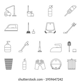 A set of cleaning equipment - buckets, brushes, gels, gloves. Black and white icon. Vector Illustration. EPS10