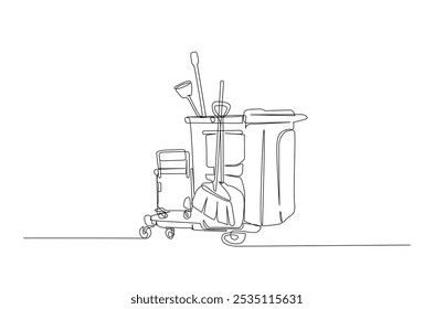 Conjunto de equipos de limpieza en dibujo continuo de una línea. Ilustración de arte de una sola línea del conjunto de equipos de limpieza. Vector editable.