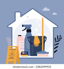Set for cleaning equipment, various tools. Household cleaning products. Cleaning tools in bucket. Housekeeping, room service. vector illustration in flat style. 