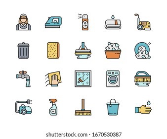 Set of Cleaning Flat Color Line Icons. Housewife, Air Freshener, Bucket and more