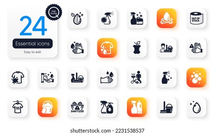 Set of Cleaning flat icons. Bucket with mop, Dont touch and Dirty t-shirt elements for web application. Water splash, Sponge, Wash hands icons. Rubber gloves, Washing hands. Vector