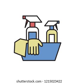 Set for cleaning. Gloves and cleaning spray bottles in the pelvis. Cartoon design icon. Colorful flat vector illustration. Isolated on white background.