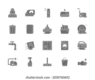 Set of Cleaning Grey Icons. Housewife, Iron, Towel, Sponge, Bucket and more.