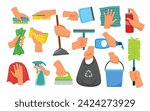 Set of cleaning hands gesture collection with holding scrub brush, squeeze sponge, rag, spray bottle, mirror cleaner, duster, trash bag, bucket, dustpan, plunger, household tools, vector illustration.