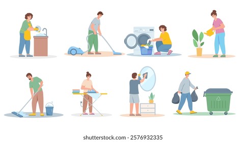 Set of Cleaning Home characters. People doing housework. Washing Dishes and mirror, Vacuuming Carpet and ironing clothes, taking out trash and watering flowers. Vector illustration on white.