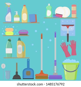 
Set for cleaning the house. Cleaning agent, soap, sponges, mop, broom, bucket, gloves, scoops, brushes.