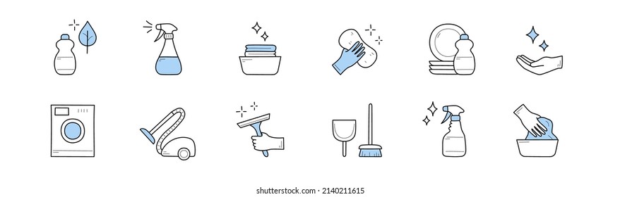 Set of cleaning and household doodle icons. Detergent bottle, vacuum cleaner, spray, sparkling dishes, hand with sponge, plates, washing machine, scoop with brush, rubber glove, Line art vector signs