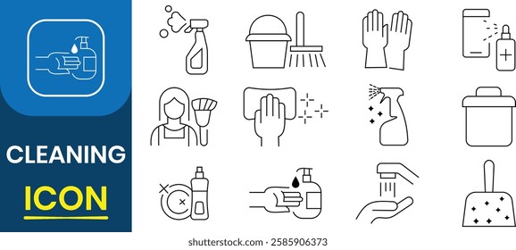 Set of Cleaning icon. Cleaning and hygiene icon. Washing, cleaning, laundry symbol collection. Cleaning service, housekeeping, Spray Bottle, hand wash, Scoop And Broom, hygiene. Vector illustration