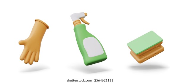 Set of cleaning icons in 3D cartoon style. Isolated rubber glove, sponge, plastic bottle with spray nozzle and empty label. Vector tools and detergents