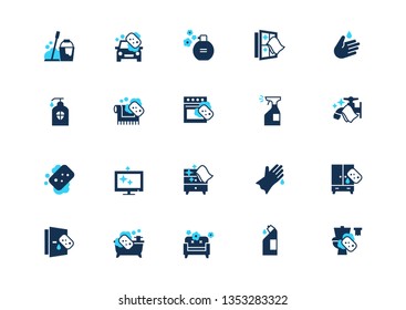 Set of cleaning icons with blue accent, isolated on light background. Contains such icons: Floor cleaning, Toilet cleaning, Car washing, Window cleaning, Disinfectant and more.