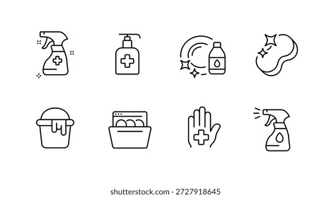 Conjunto de iconos de limpieza con jabón, botella de spray, esponja y más