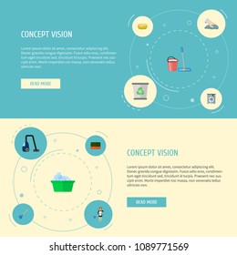Set of cleaning icons flat style symbols with wisp, vacuum cleaner, bucket with besom and other icons for your web mobile app logo design.