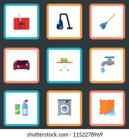 Set of cleaning icons flat style symbols with ironing, vacuum cleaner, furniture and other icons for your web mobile app logo design.
