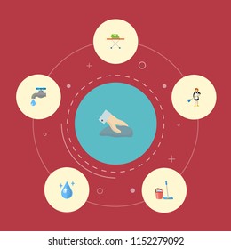 Set of cleaning icons flat style symbols with drop water, tap water, bucket with besom and other icons for your web mobile app logo design.