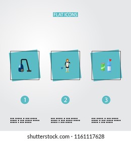 Set of cleaning icons flat style symbols with housemaid, detergent, vacuum cleaner and other icons for your web mobile app logo design.