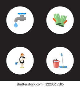 Set of cleaning icons flat style symbols with housemaid, cleaning gloves, bucket with besom and other icons for your web mobile app logo design.