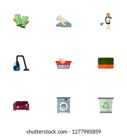 Set of cleaning icons flat style symbols with vacuum cleaner, sponge, cleaning gloves and other icons for your web mobile app logo design.