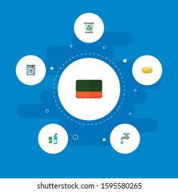 Set of cleaning icons flat style symbols with tap water, washing machine, trash bin and other icons for your web mobile app logo design.
