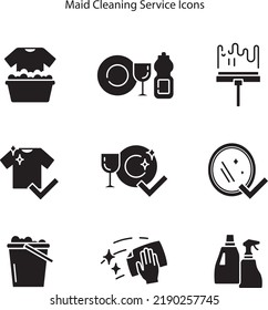Set of Cleaning icons with glyph style, such as Household service, Clean bubbles, Clean dishes icons. Wash hands, Bucket with mop, Dry t-shirt signs. 