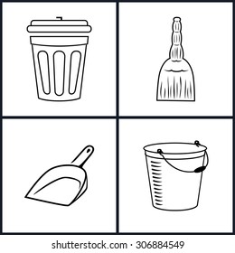 Set of Cleaning Icons Isolated on White Background,Dustbin and Broom, Dustpan and Bucket, Black and White Vector Illustration