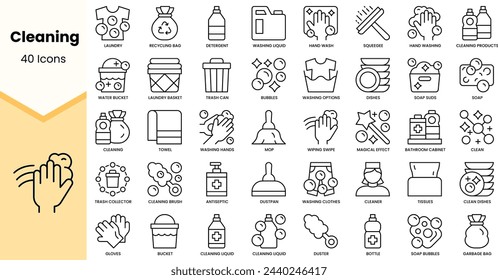 Set of cleaning icons. Simple line art style icons pack. Vector illustration