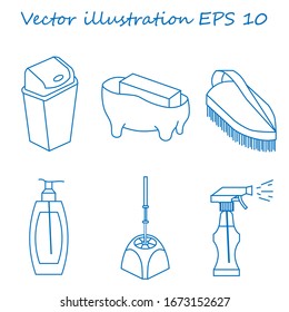 Set of cleaning icons. Spray, bottle, brush, sponge, trash can. Vector illustration.