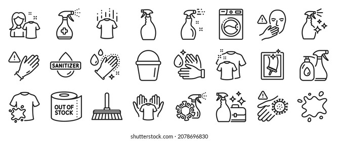 Set of Cleaning icons, such as Bucket, Dont touch, Wash hands icons. Toilet paper, Washing hands, Wash hand signs. Dirty t-shirt, Cleaning spray, Cleaning liquids. Washing machine. Vector
