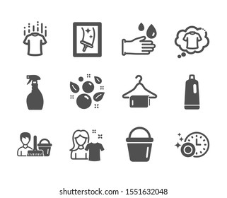 Set of Cleaning icons, such as Clean towel, Dry t-shirt, Spray, Window cleaning, Bucket, Clean bubbles, Rubber gloves, T-shirt, Dishwasher timer, Shampoo, Cleaning service classic icons. Vector