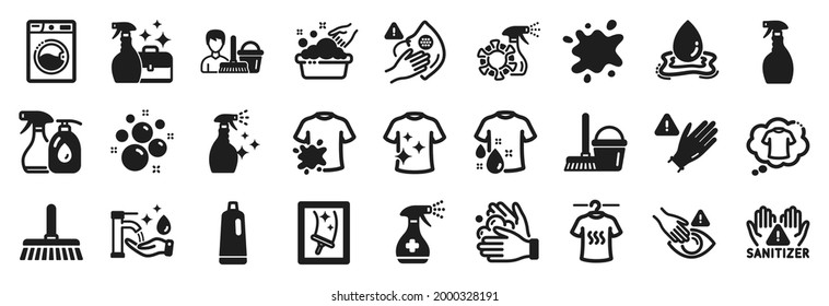 Set of Cleaning icons, such as Dont touch, Coronavirus spray, Dirty t-shirt icons. Cleaning service, Wash hands, Window cleaning signs. Washing machine, T-shirt, Clean hands. Clean bubbles. Vector