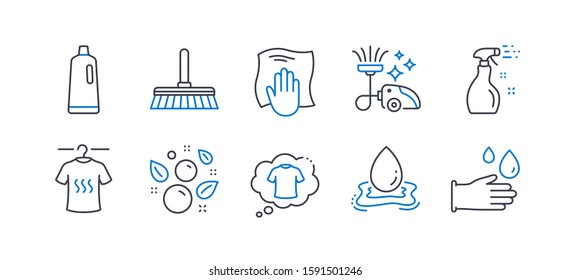 Set of Cleaning icons, such as Dry t-shirt, Washing cloth, T-shirt, Cleaning spray, Vacuum cleaner, Cleaning mop, Water splash, Clean bubbles, Shampoo, Rubber gloves line icons. Vector