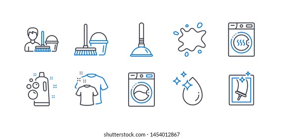 Set of Cleaning icons, such as Dryer machine, Bucket with mop, Clean t-shirt, Plunger, Washing machine, Clean bubbles, Cleaning service, Water drop, Dirty spot, Window cleaning line icons. Vector