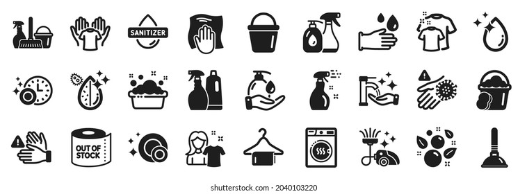 Set of Cleaning icons, such as Dryer machine, Dont touch, Cleaning spray icons. Household service, Plunger, Dirty water signs. Rubber gloves, Hold t-shirt, Dishwasher timer. Clean bubbles. Vector