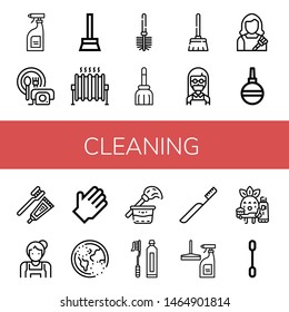 Set of cleaning icons such as Cleaning products, Room service, Broom, Heat, Toilet brush, Maid, Housekeeper, Pear Enema, Toothbrush, Rubber gloves, Ozone, Cleaning ,