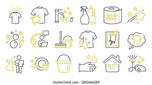 Set of Cleaning icons, such as T-shirt, Wash t-shirt, Shampoo and spray symbols. Bucket with mop, Rubber gloves, Bucket signs. Vacuum cleaner, Clean bubbles, Washing hands. Clean dishes. Vector