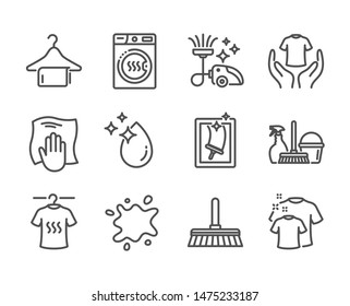 Set of Cleaning icons, such as Washing cloth, Window cleaning, Clean towel, Household service, Hold t-shirt, Water drop, Dirty spot, Dry t-shirt, Dryer machine, Cleaning mop line icons. Vector