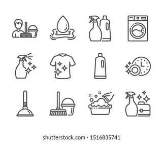 Set of Cleaning icons, such as Washing machine, Shampoo, Dishwasher timer, Washing cleanser, Cleanser spray, Plunger, Bucket with mop, Water splash, Shampoo and spray, Clean t-shirt. Vector