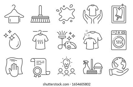 Set of Cleaning icons, such as Washing cloth, Window cleaning. Diploma, ideas, save planet. Clean towel, Household service, Hold t-shirt. Water drop, Dirty spot, Dry t-shirt. Vector