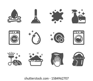 Set of Cleaning icons, such as Water splash, Sponge, Dirty spot, Washing machine, Cleanser spray, Plunger, Dryer machine, Water drop, Vacuum cleaner, Hand washing, Clean dishes. Vector